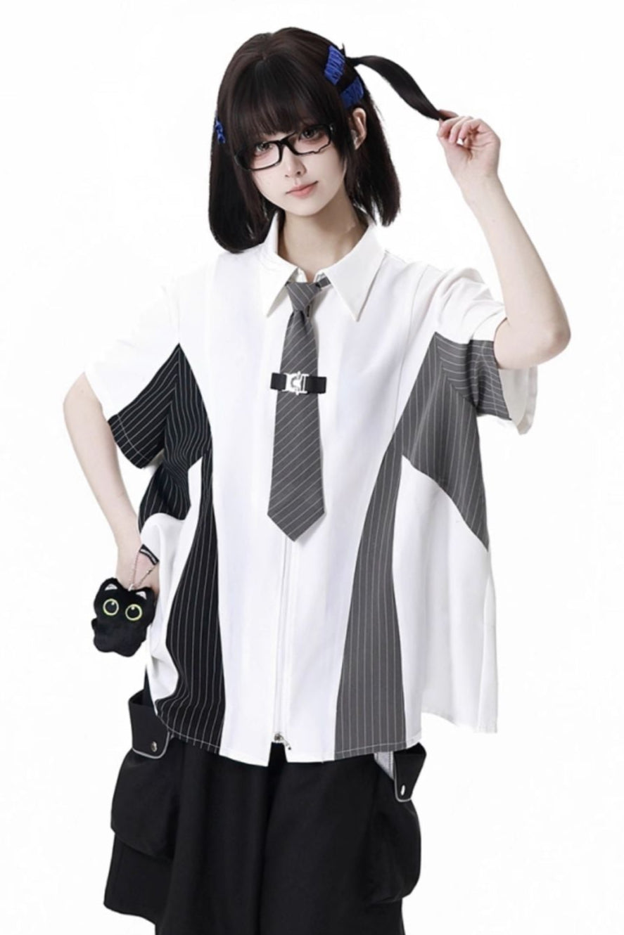 Casual stripe stitch design shirt + hooded shirt + + half pants + culottes + tie