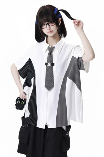 Casual stripe stitch design shirt + hooded shirt + + half pants + culottes + tie
