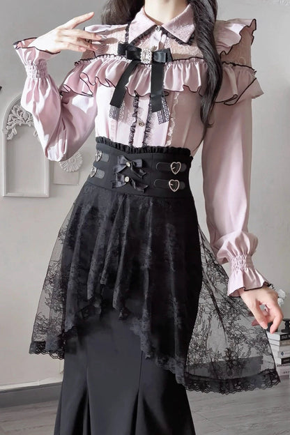 [Termine prenotazione 29 settembre] Blusa rosa in pizzo trasparente con volant e fiocco gioiello + gonna a sirena in tulle a strati + minigonna in pizzo con fiocco gioiello