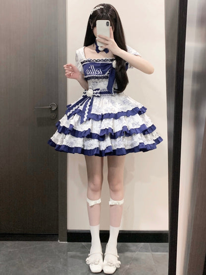 [Reservation Product] Blue-White Retro Girly Lolita Dress