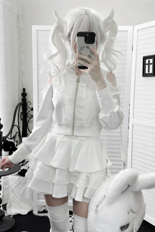 [Pre-order Deadline: September 16] Lace Frill Cold Shoulder Long Sleeve Hoodie Top + Tiered Skirt Set with Inner Shorts