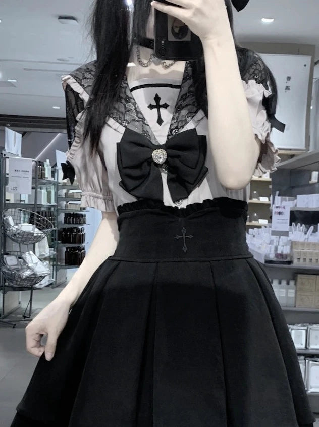 Lace Cross-Collar Top + High Waist Skirt