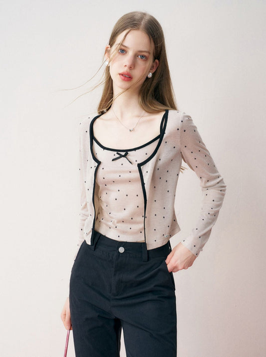 Kroche flagship store fashion suit women's simple polka dot knit jacket bow strap two-piece set
