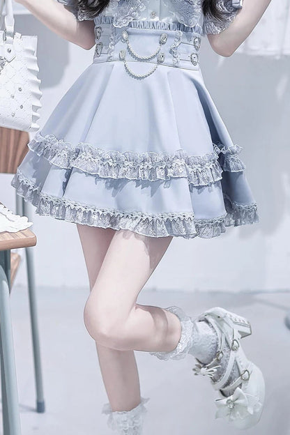 [Pre-order Deadline: August 30] Blue and White Lace Sailor Gothic Open-Shoulder Short-Sleeve Ribbon Shirt + Pearl Chain Frill Skirt