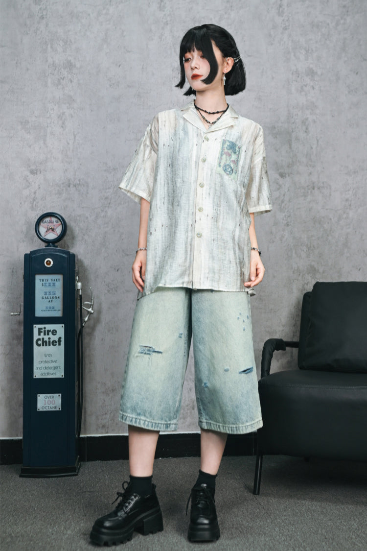 ダメージハーフデニムワイドレッグパンツ