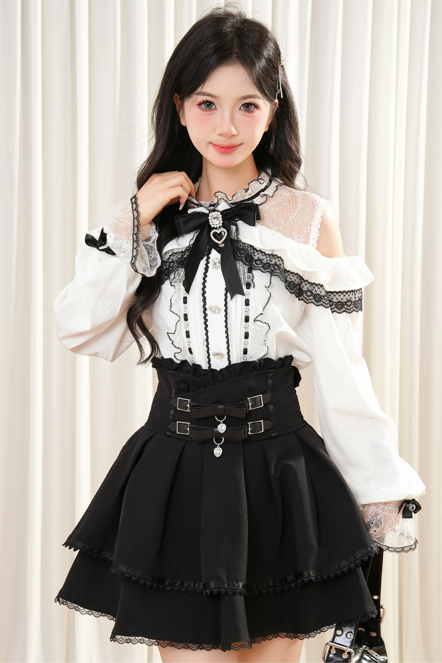 レースリボンオフショルダートップス+スカート