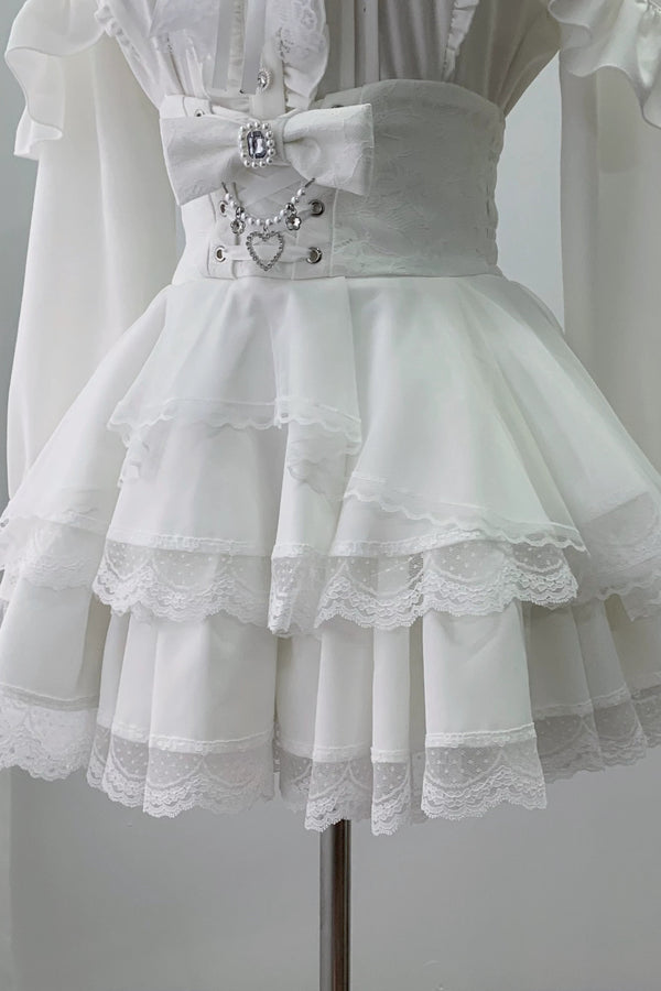 [Pre-order Deadline: July 30] Pure White Lace Sheer-Shoulder Ruffle Blouse + Jewel Ribbon High-Waist Lace Layered Skirt