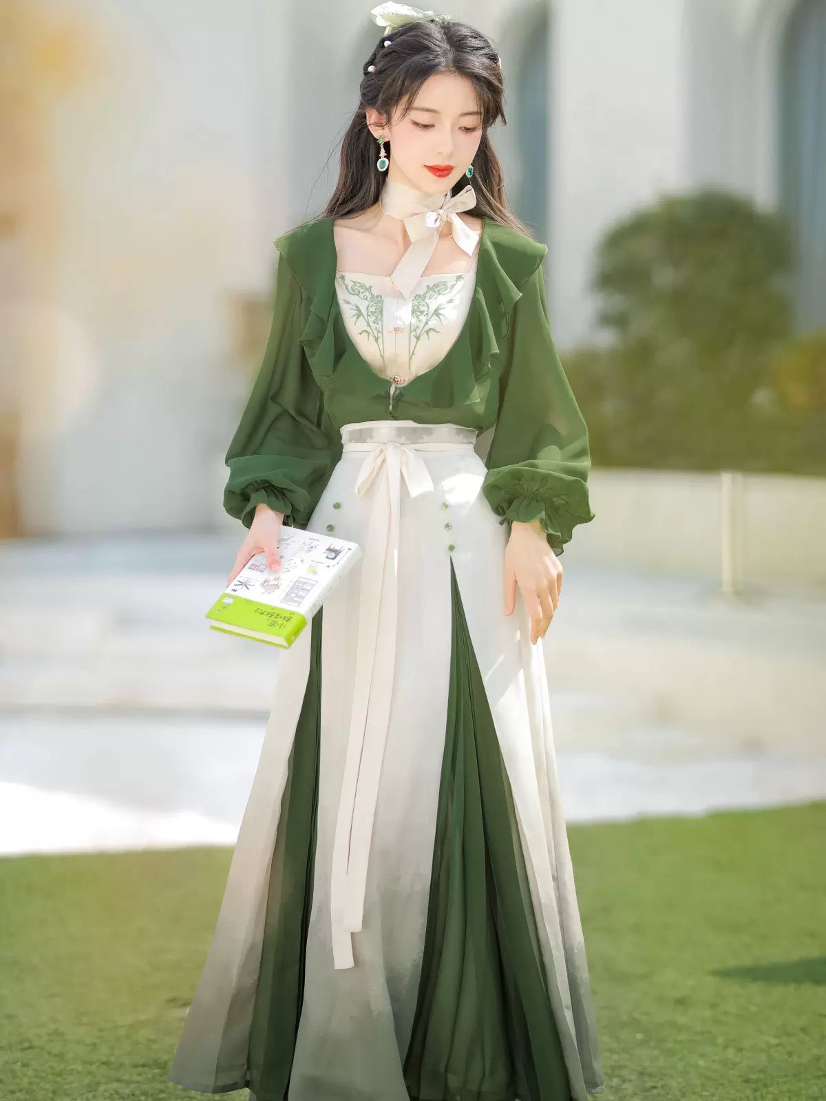 Innovative Green Ruffle Chaina Three Piece Suit