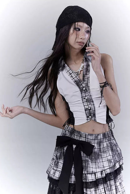 Y2Kダークパッチワークベストトップス