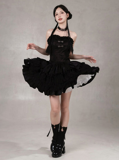 Dark black china bare top + flared skirt + shirt