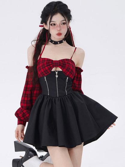 One Shoulder Suspender Check Dress