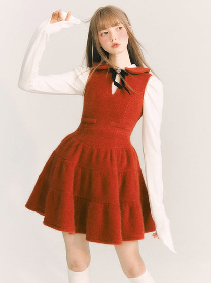 Hot Wine Wool Velvet Doll Collar Dress