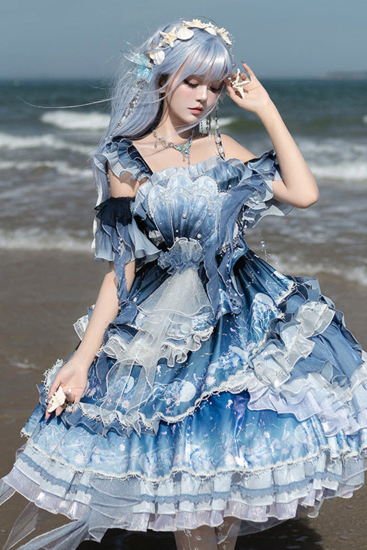 blue and white fantasy dress Soft Blue Lace Collar Puff Sleeve Dress Elegant Vintage Fairytale Look Blue / S