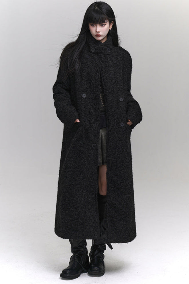 High neck mode dark long wool coat