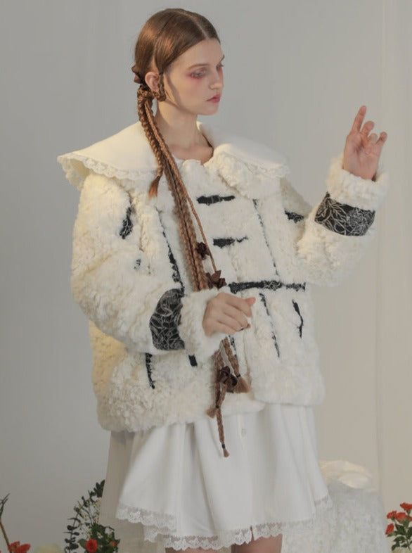 High Neck Color Jacquard Seam Fur Coat