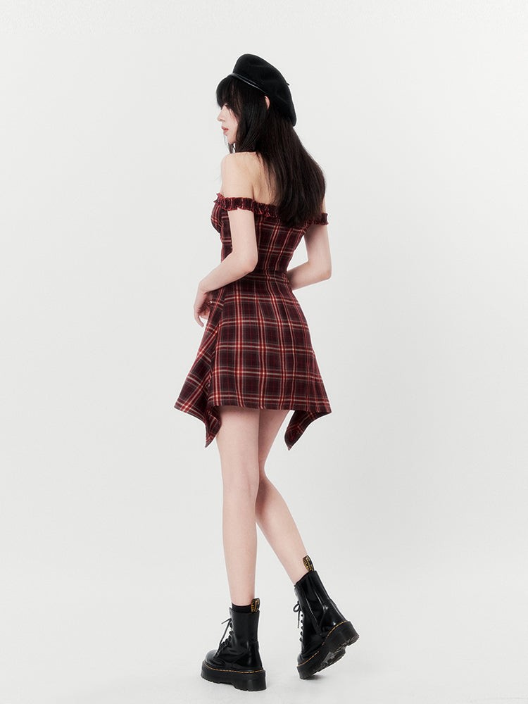 French Retro Check Ilehem Frill Ribbon Sas Dress