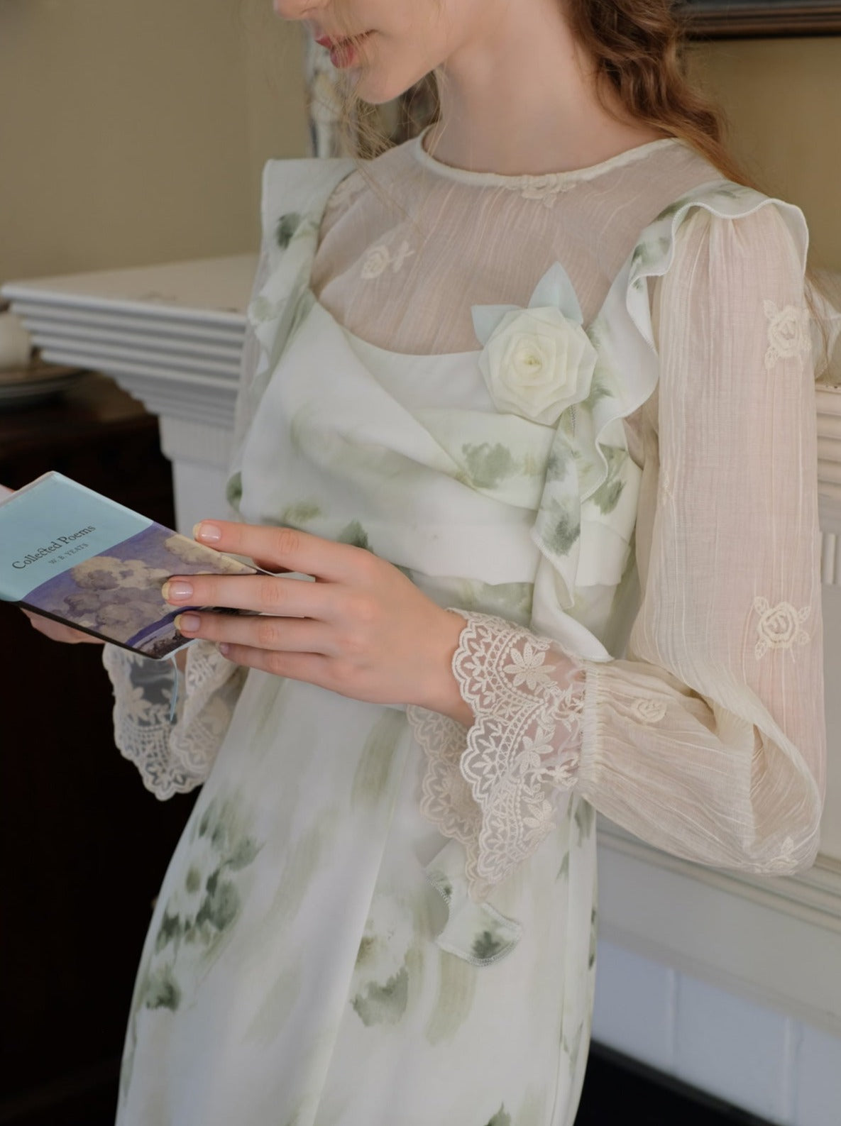 Chiffon Sheer Top + Green Flower Camisole Skirt