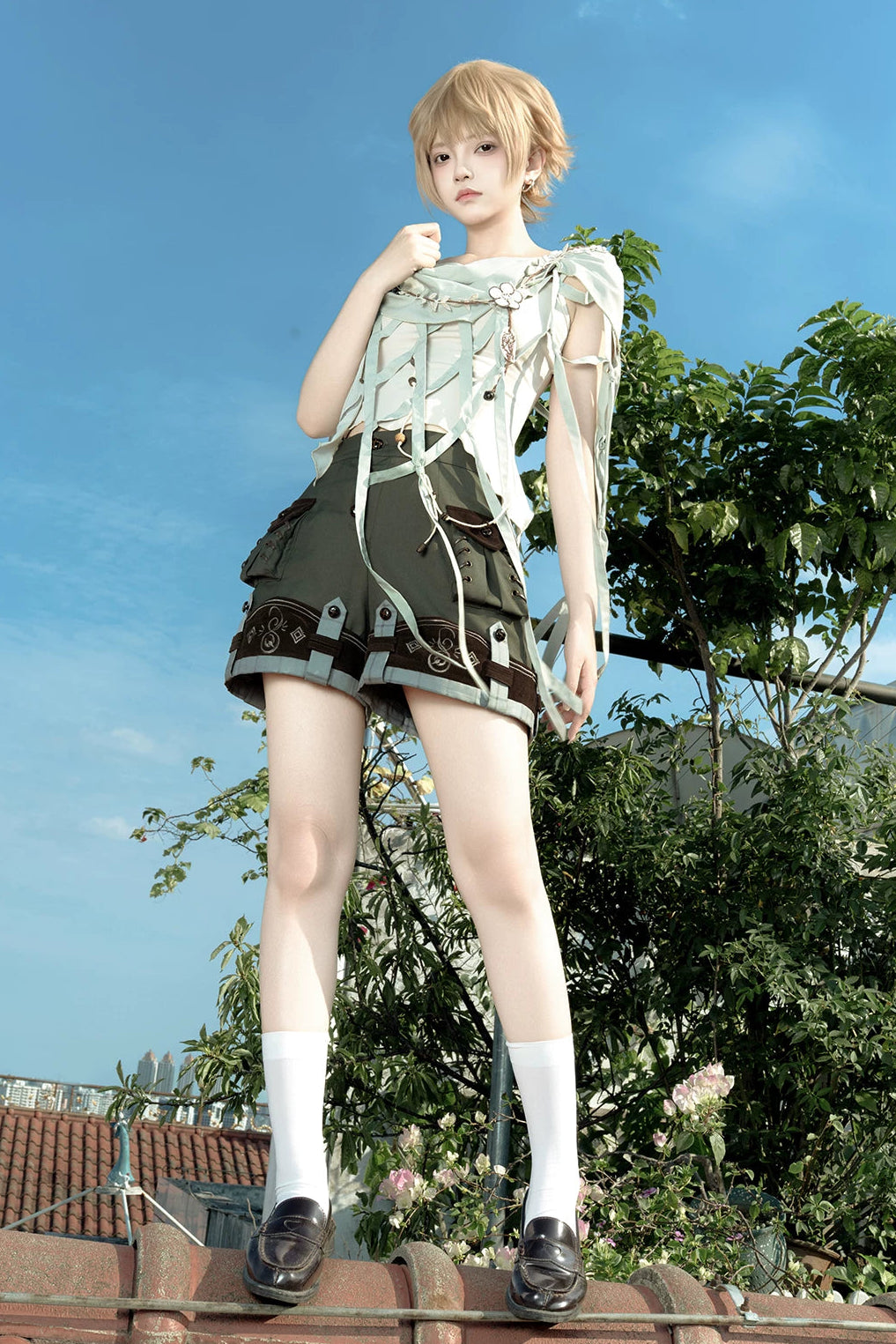【8月12日予約締切】フォレストグリーンプリンスロリータキャミトップ＋アシンメトリーフローラルケープ＋ショートパンツ＋フルセット