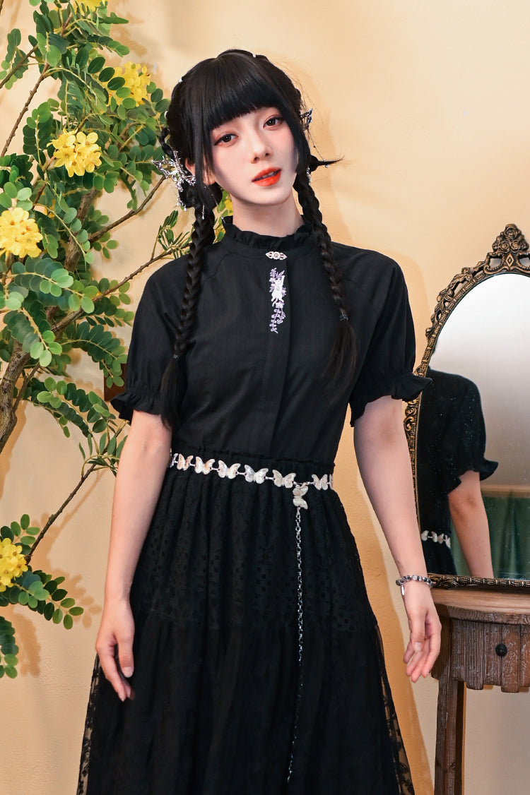 コットンススタンドカラーブラックスリムシャツ