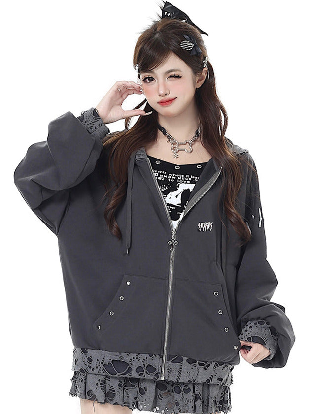 Cat Ear Subculture Sweet Cool Broken Hole Loose Hoodie Jacket