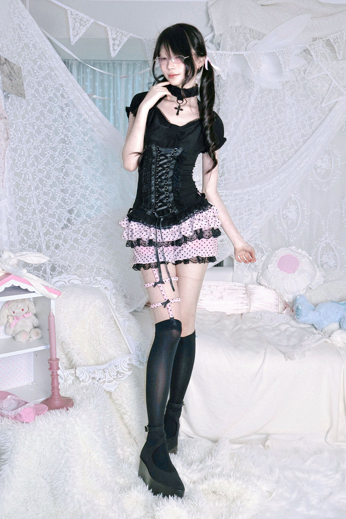 Y2Kドットレースレッグループ付きパンツ