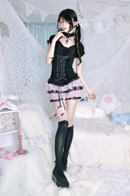 Y2Kドットレースレッグループ付きパンツ