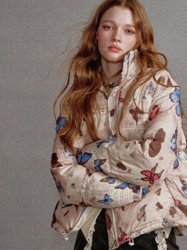 Butterfly Print Short White Duck Down Jacket