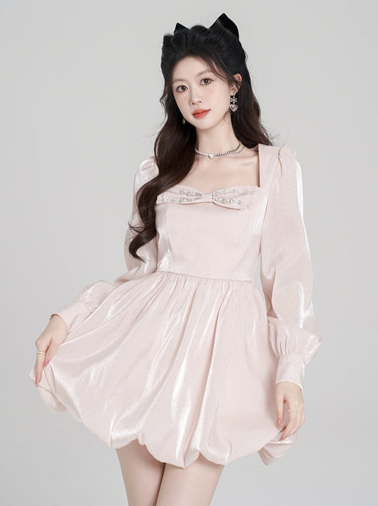 French Square Neck Pink Dress Women's Long Sleeve Spring 2024 New High-end Cinched Waist Puffy Princess Skirt