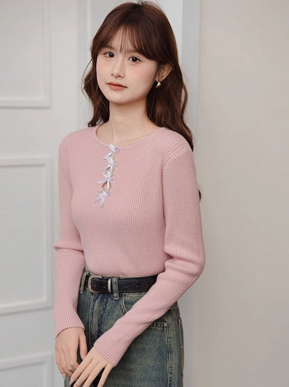 Ribbon Round Neck Design Loose Wool Slim Top