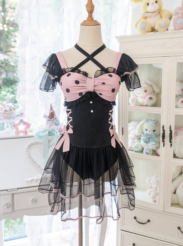 Dot Sheer Ruffle Lace Up Lolita Girly Dress Swimsuit 