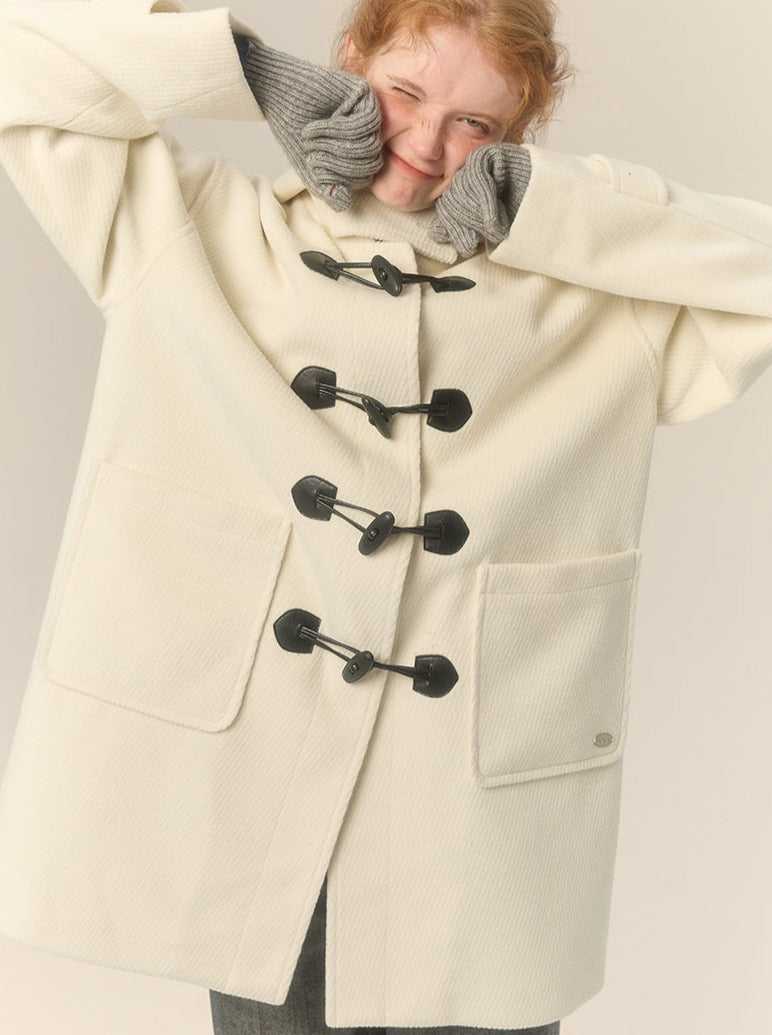 Hooded Gray Horn Button Wool Coat