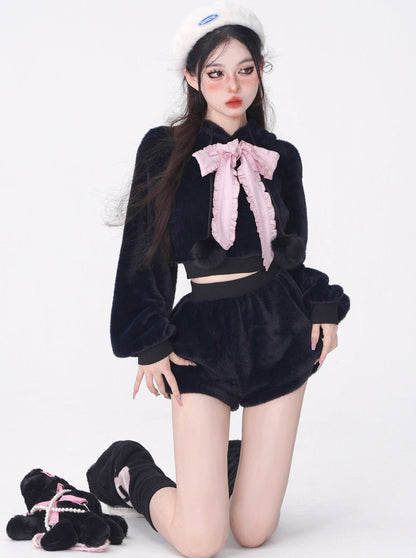 Big Ribbon Bunny Ear Boa Hoodie + Boa Shorts