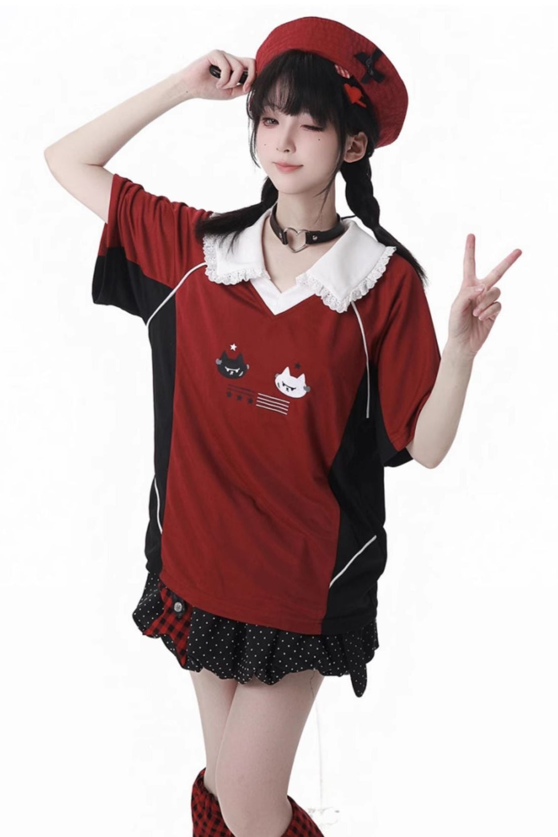 レースカラーオーバートップス＋バルーンスカート＋ロングパンツ＋レッグウォーマー