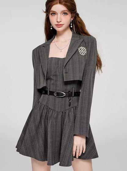 College Style Classic Gray Check Short Jacket + Dress