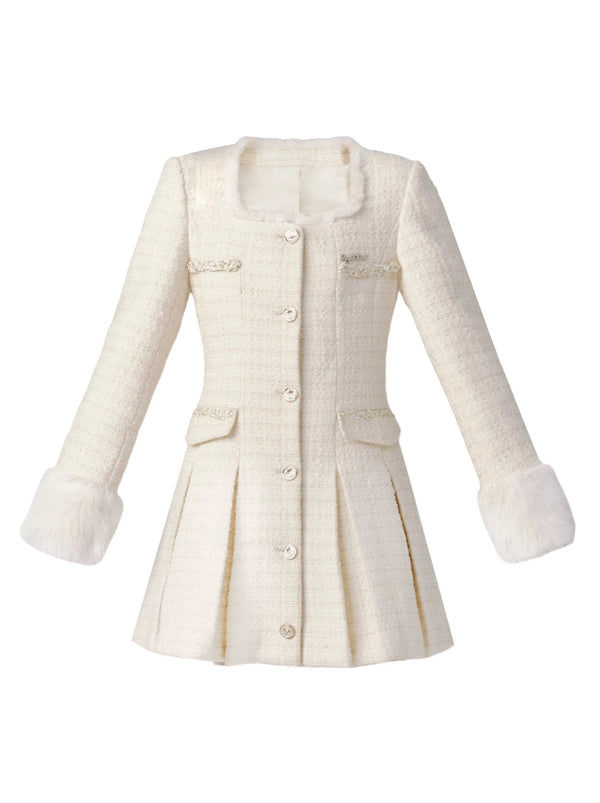 Square Collar Fur Trim Fragrance Dress