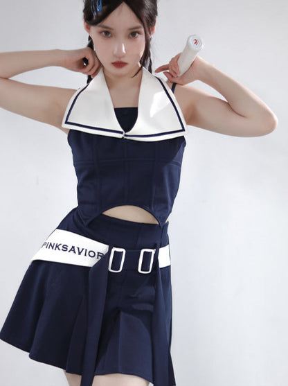 Sailor Girl Summer Sports Leisure Shoulder Suit + One Piece