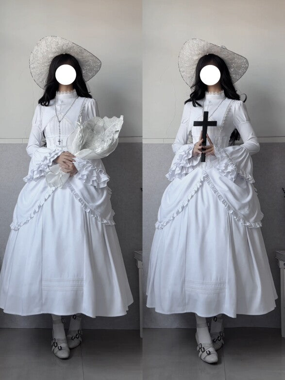 [Termine prenotazione 30 maggio] Abito gothic lolita bianco e nero con maniche svasate + sopragonna a corsetto rialzabile con croci + set completo