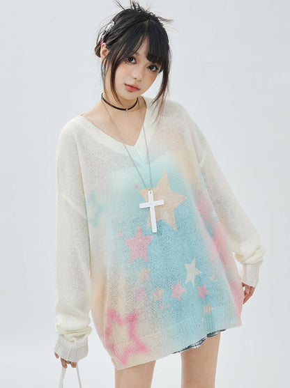 Tie-Dye Star V-Neck Over Sweater