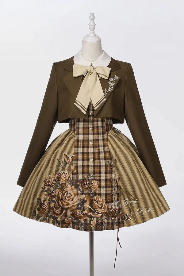 [Preorder Deadline: 11/11] Vintage Rose and Embroidered Classic Lolita School-Inspired Plaid Dress + Cropped Jacket Set
