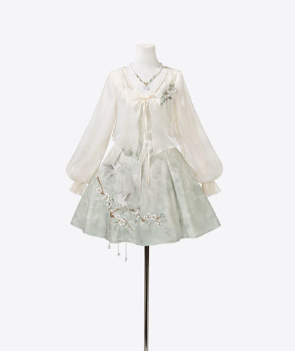 China Gradient Flower Retro Dress + Sheer Cardigan