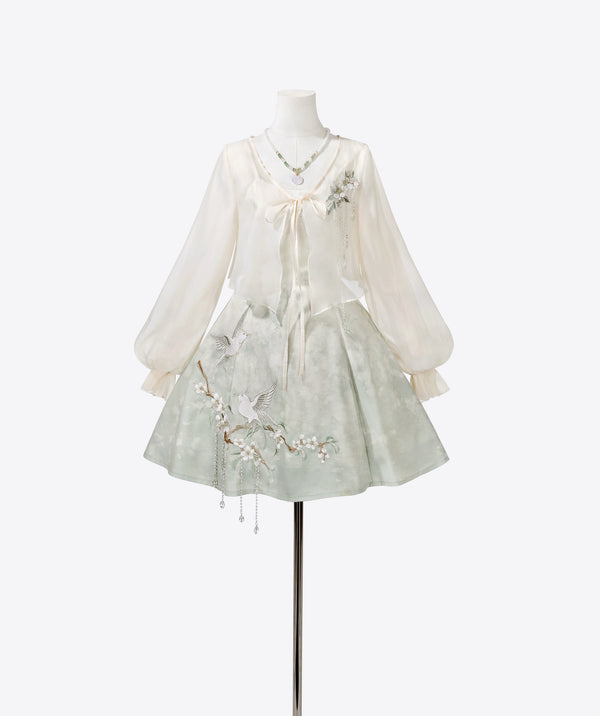 China Gradient Flower Retro Dress + Sheer Cardigan