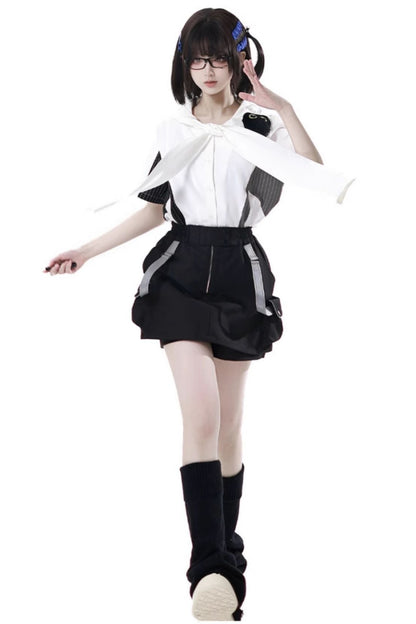 Casual stripe stitch design shirt + hooded shirt + + half pants + culottes + tie