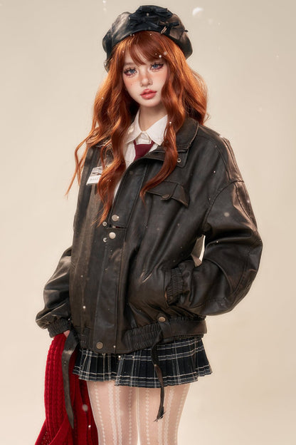 Fullscore Korean PU leather baker jacket