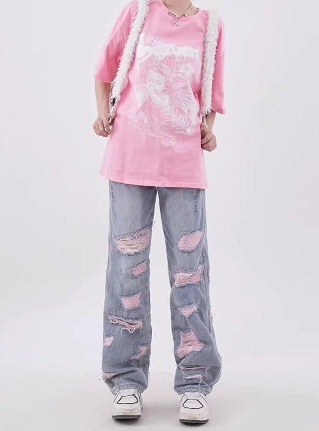 High Street Damage Design Wide Leg Straight Denim