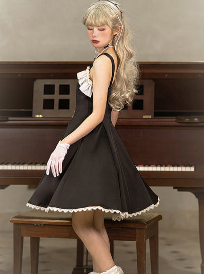 【予約商品】ピアノラブソングサテンエレガントロリータブラックサスドレス【ショート・ロング】