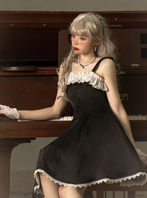 【予約商品】ピアノラブソングサテンエレガントロリータブラックサスドレス【ショート・ロング】