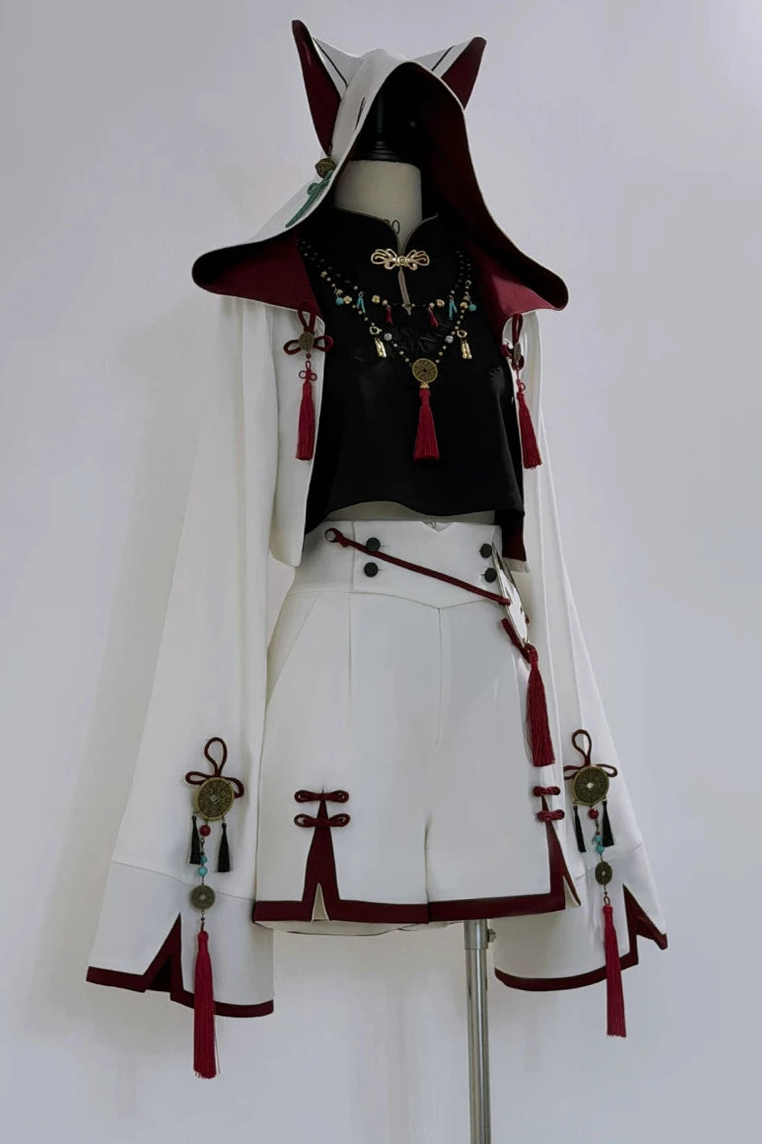 [Reservation Deadline: November 1] White Fox Chinese Fantasy-Style Fox-Ear Hooded Jacket + Black Mandarin-Collar Sleeveless Crop Top + White & Red Fox Shorts