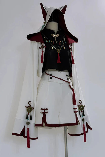[Reservation Deadline: November 1] White Fox Chinese Fantasy-Style Fox-Ear Hooded Jacket + Black Mandarin-Collar Sleeveless Crop Top + White & Red Fox Shorts