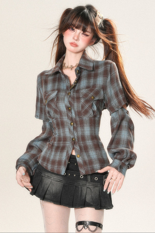 バッグオープンデザインチェックシャツ