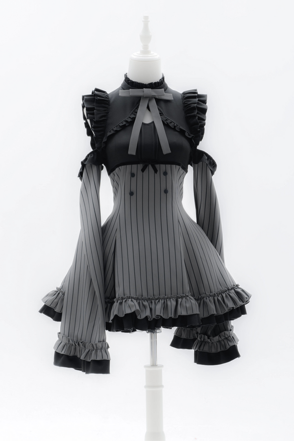 [Pre-order Deadline: October 1] Black x Gray Striped High-Low Cutout Cold-Shoulder Flare-Sleeve Frill Ribbon Dress